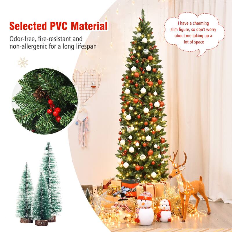 Gymax 7.5Ft Pre-Lit Pencil Christmas Tree Hinged Artificial Slim Tree - See Details
