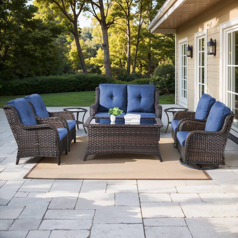 Gymojoy 8-Piece Outdoor Wicker Patio Furniture Set with Swivel Rockers, Loveseat & Side Tables - Brown Wicker / Blue Cusion - 8-Piece