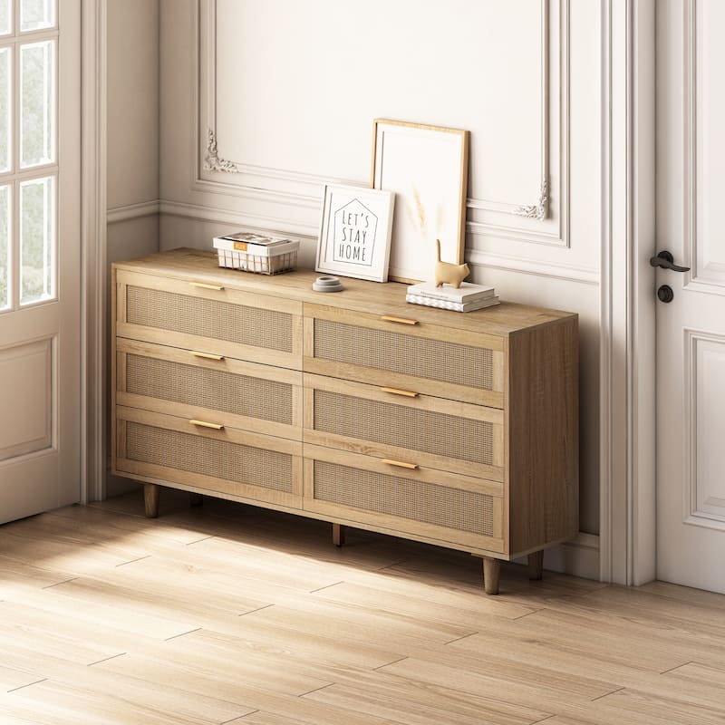 59.06" 6- Drawers Rattan Storage Cabinet for Living Room