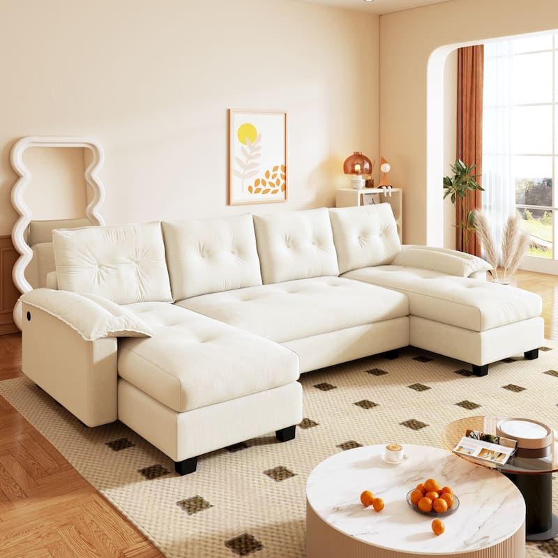 104.7" U-Shaped Sleeper Sofa, Convertible Sectional Couch with Pull-Out Bed, Removable Armrests, USB Ports & Chaise Lounge