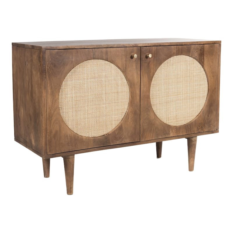 Circle Solid Wood with Natural Woven Cane Two-Door Cabinet - Walnut