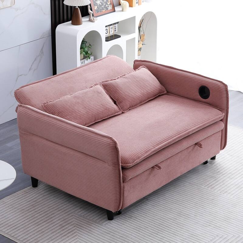 65.7" Corduroy Upholstered Pull-out Sofa With Cup Holder