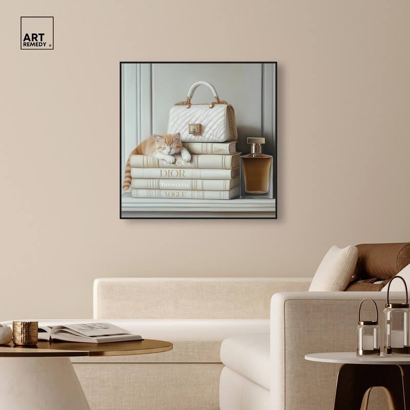 Ivory Books and Kitten Canvas by Art Remedy