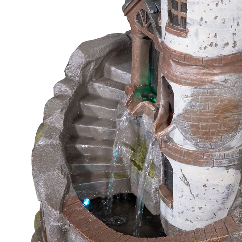 Alpine Corporation USA1368 35" Brown Tower Castle Fountain with Color Changing LED Lights