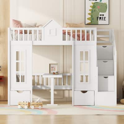 Twin-Over-Twin Bunk Bed with Changeable Table, Bunk Bed Turn into Upper Bed and Down Desk-White