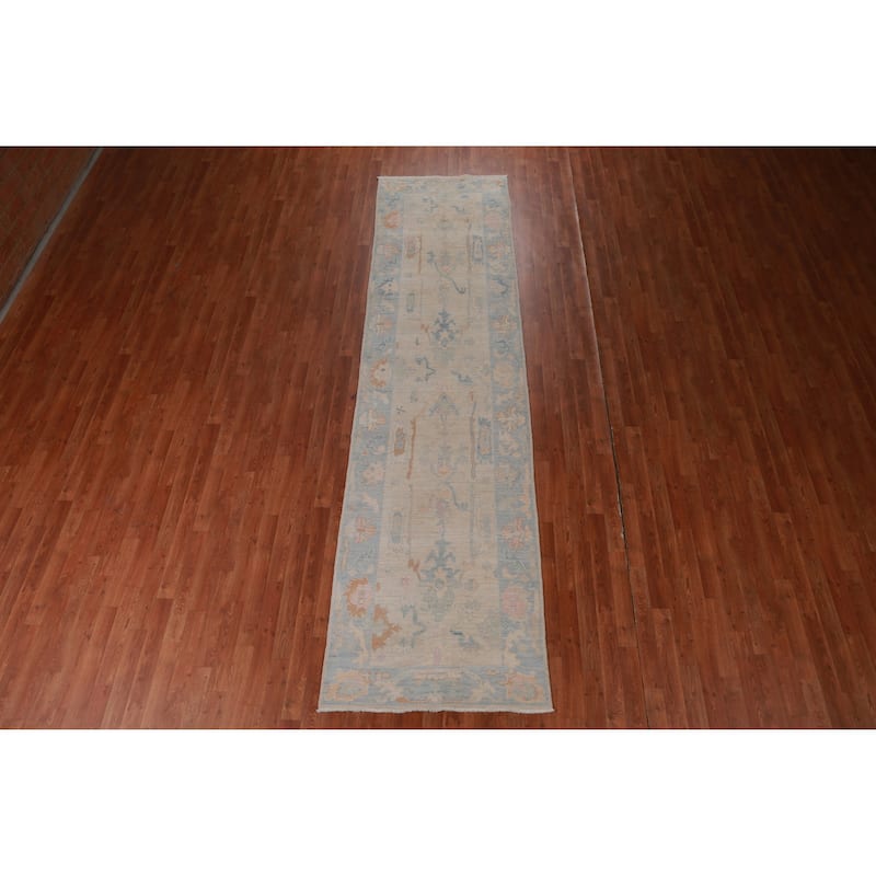 Hand Knotted Oriental 100% Wool Carpet Transitional All-Over Beige & Ivories Oushak Runner Rug - 12' 2'' X 3' 1''