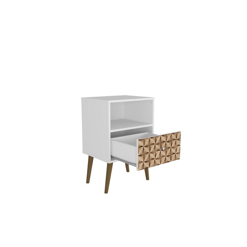 Modern 1-Drawer Nightstand in Natural and White with Splayed Legs and Metal Handle