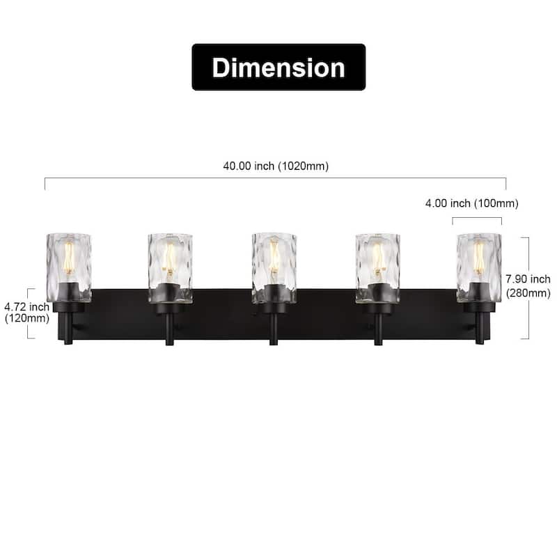 Vanity Light Fixtures 5 Light Modern Wall Sconces Lighting Black Bathroom Lights Wall Mounted with Hammered Glass Shade