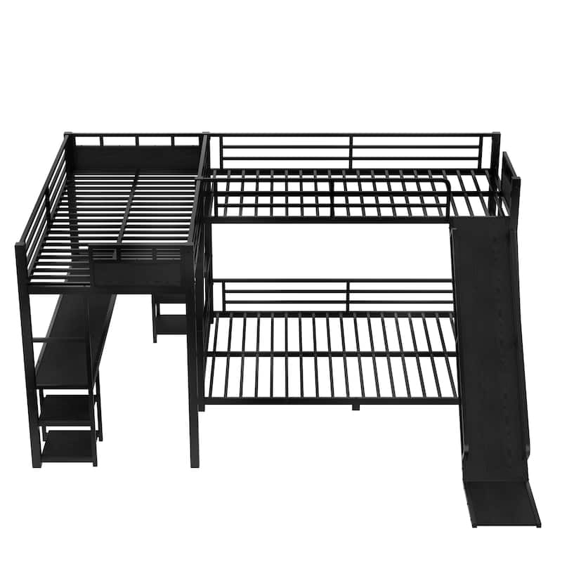 L-shaped Triple Bunk Bed with Loft Bed and Bunk Bed, Metal Storage Bed Frame with Integrated Desk, Open Shelves and Slide
