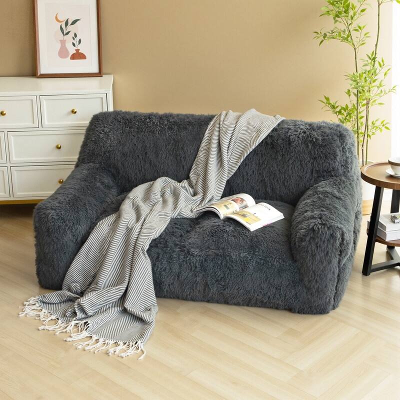 Plush Fluffy Faux Fur Foam Filled Bean Bag Chair, Cozy Soft Loveseat Floor Sofa - Grey