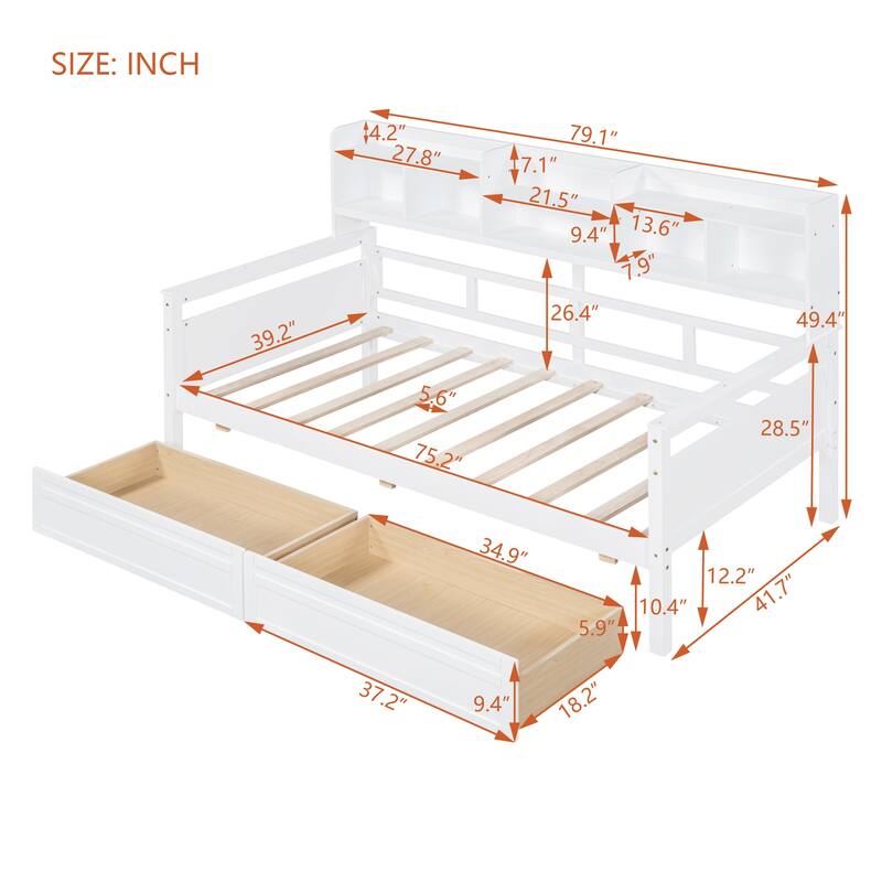 White Twin Daybed with Wood Slats, Shelves & 2 Drawers - Space-Saving Multi-Functional Furniture