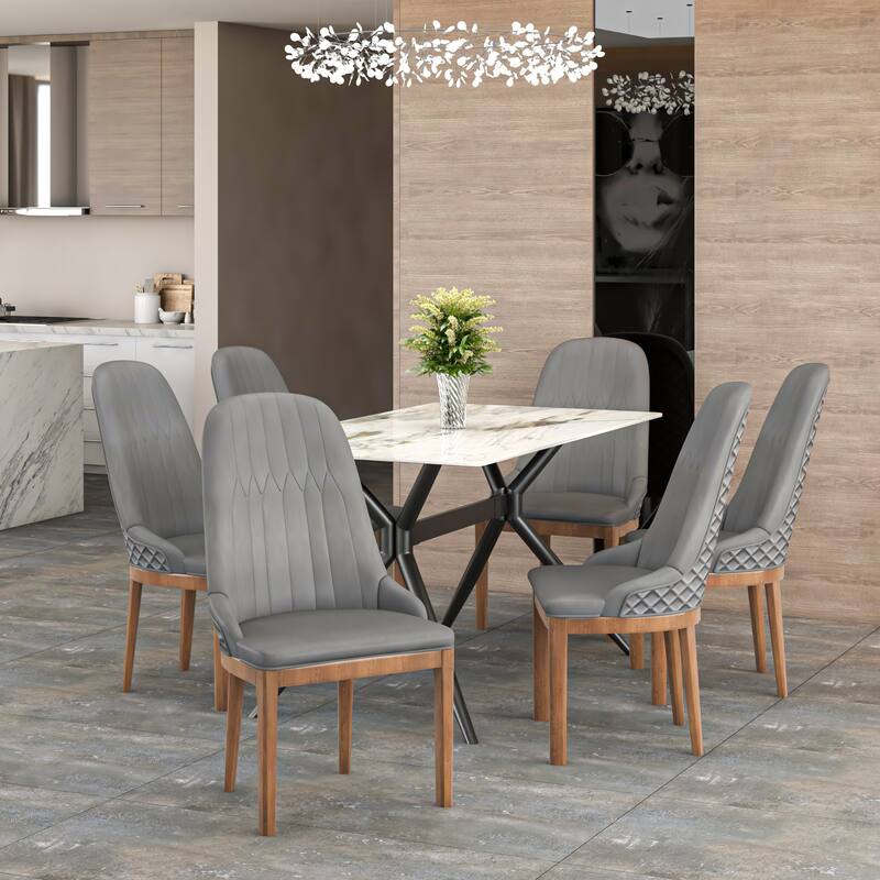 Leather Dining Chair with Rubberwood Legs Side Charis Sleek Diamond Stitching Back