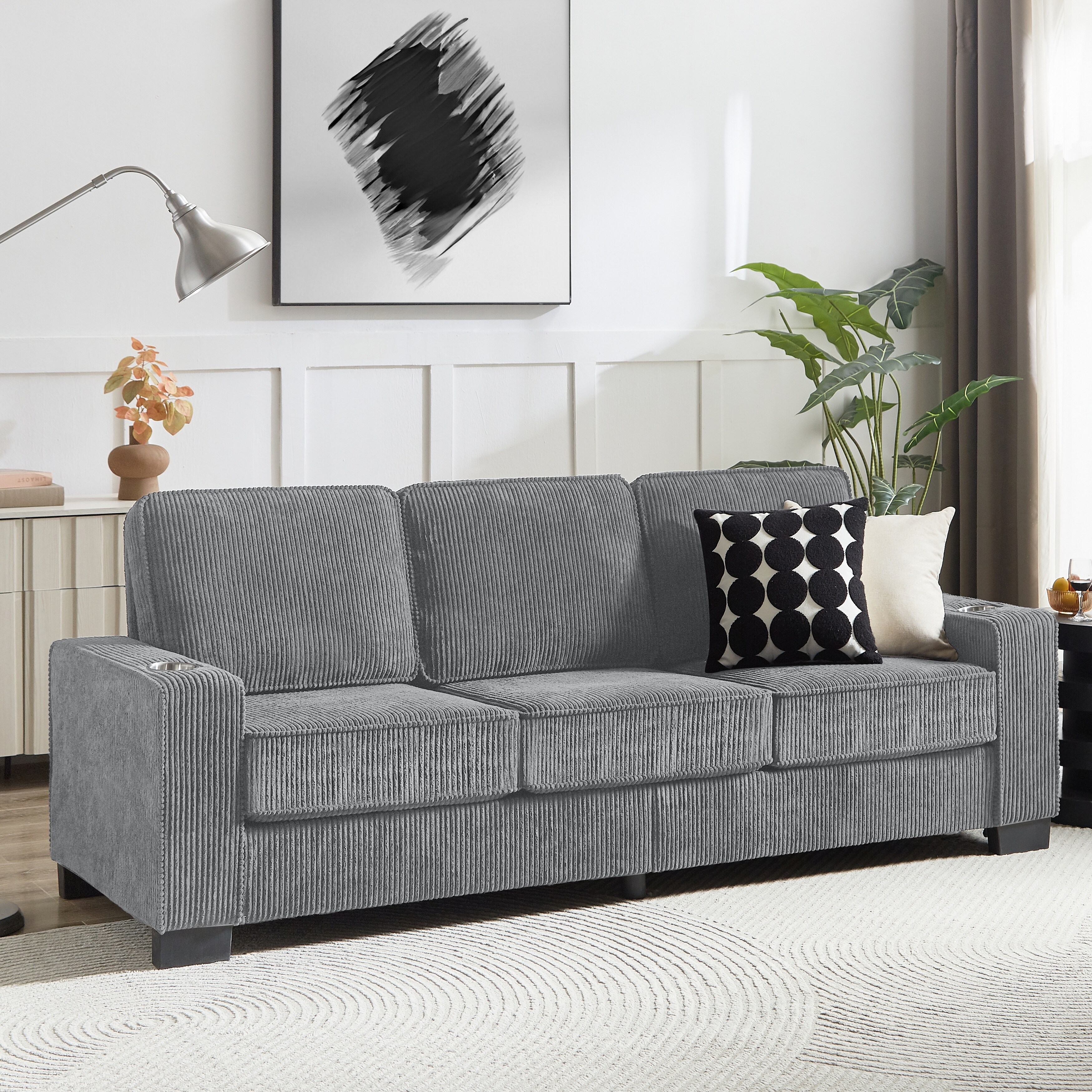 83.86"Corduroy Fabric sofa,Modern Compressed Couch,3-Seater Sofa, Furniture