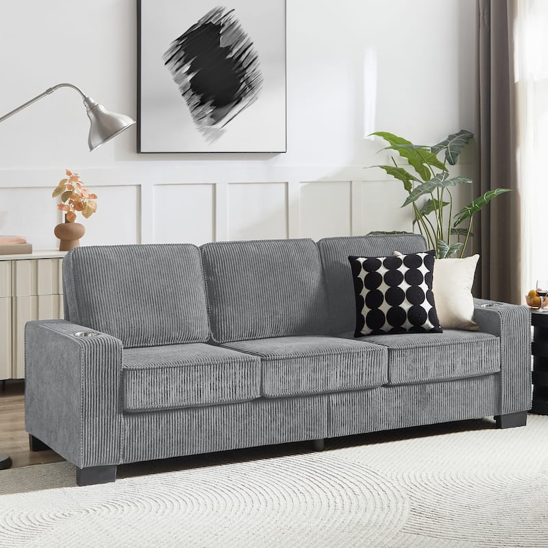 84.25" Corduroy 3-Seater Sofa, Cup Holder Armrests and Spring Cushions