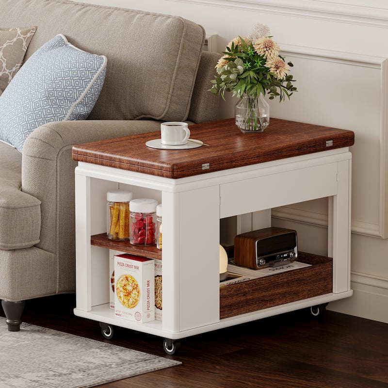 27.6" Modern Coffee Table with Foldable Top & Casters, Multi-Tier Storage Side Table for Living Room