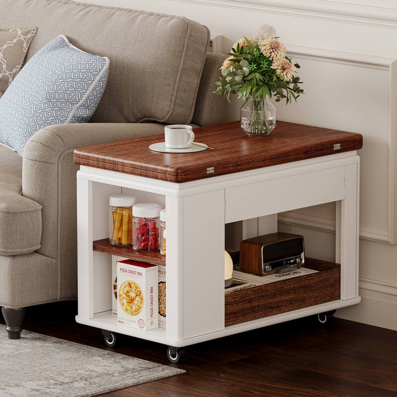 27.6" Modern Multi-Function Coffee Table/Side Table with Foldable Top & Casters, Multi-tier storage