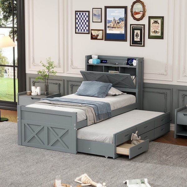 Platform Trundle Bed with Storage Headboard, Built-in Outlets