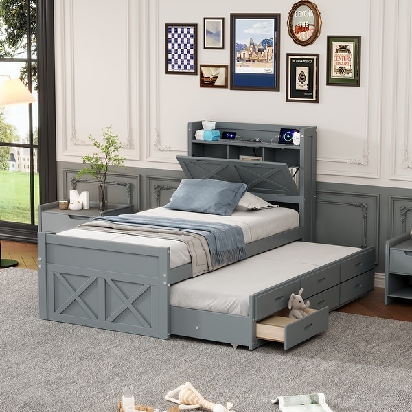 Gray Twin Wooden Platform Bed w Storage Headboard Built in USB Outlets Pull Out Twin Trundle Bed Frame w 3 Storage Drawers Bed Bath Beyond 41344891