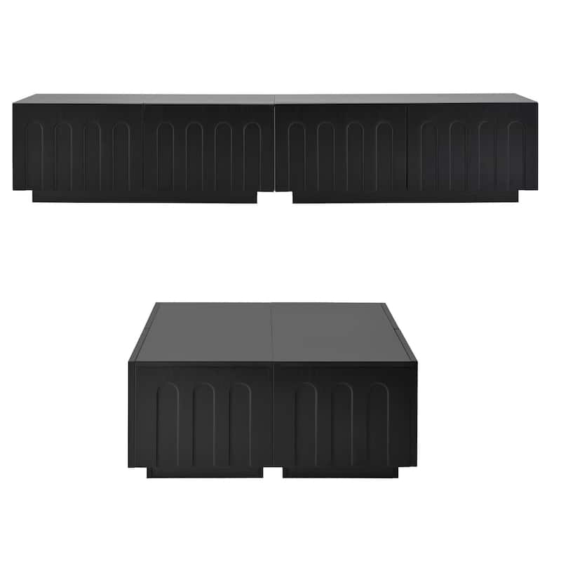 Tv Stand & Coffee Table With Drawers,Set Of 2,Media Console With Arched Design For Tvs Up To 80"