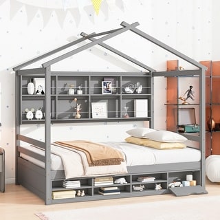 Grey Full Size House Bed with Roof Frame, Bedside-shelves, and Under Bed Storage Unit