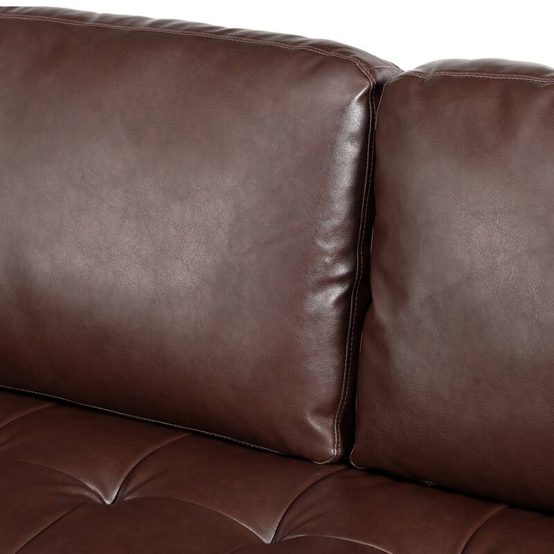 Mid-Century Modern 3-Seat Sofa, Tufted Design, Solid Wood Legs, 2 Bolster Pillows, Dark Brown PU Leather