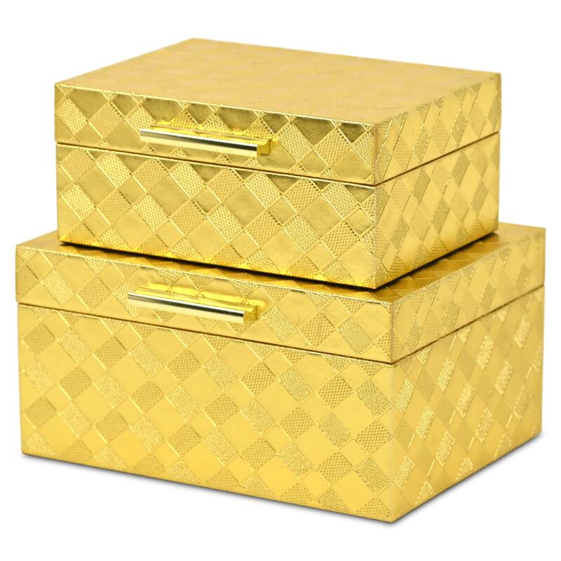 Diamond Checkered Rectangular Nesting Boxes - 10.25" - Gold - Set of 2
