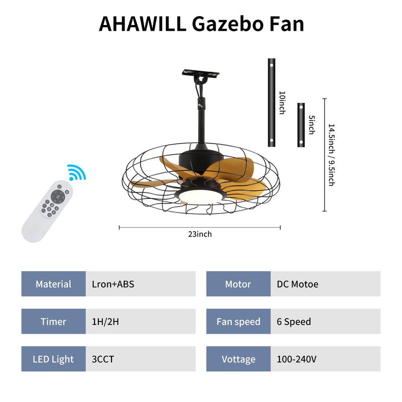 23 in Outdoor Ceiling Fan with Lights,IP65 Waterproof Fan - Black