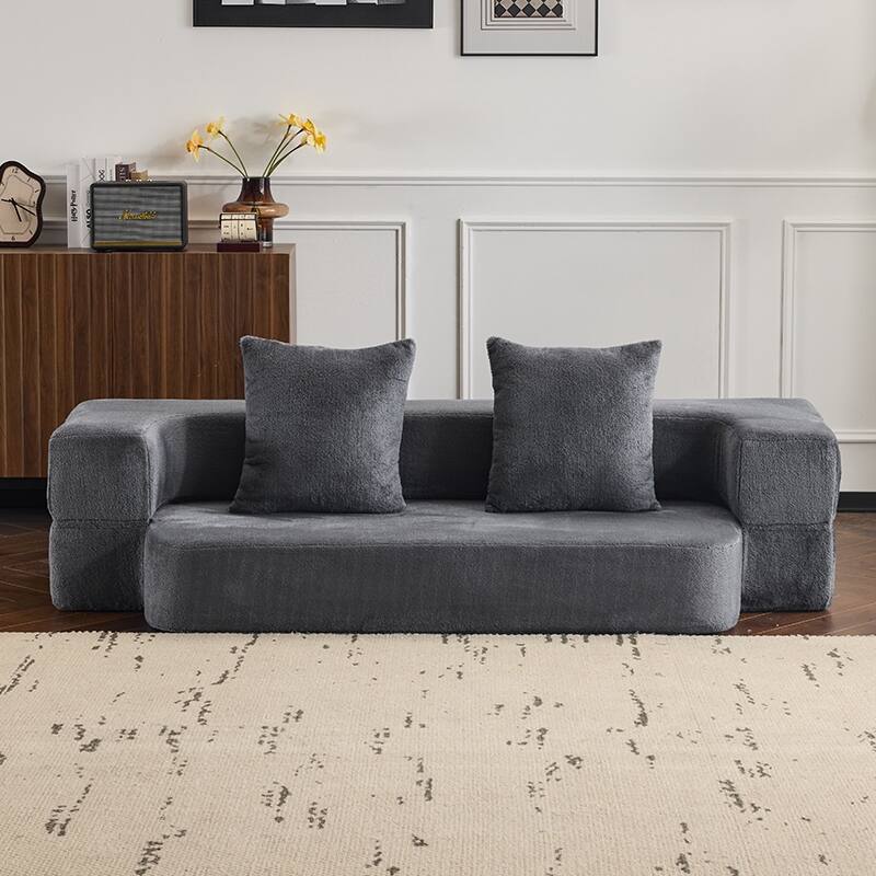 Sectional Sofa With 3 Ottoman Stools - Supportive Foam Fold-Out Bed, Compact Chenille Lounger