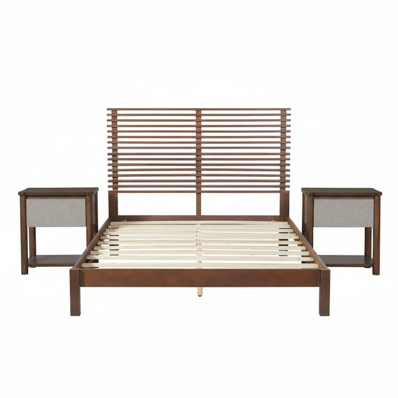 Christopher Knight Home - Stirling Contemporary Bedroom Set with Horizontal Slats Design Bed Frame & Shelf Storage Nightstands