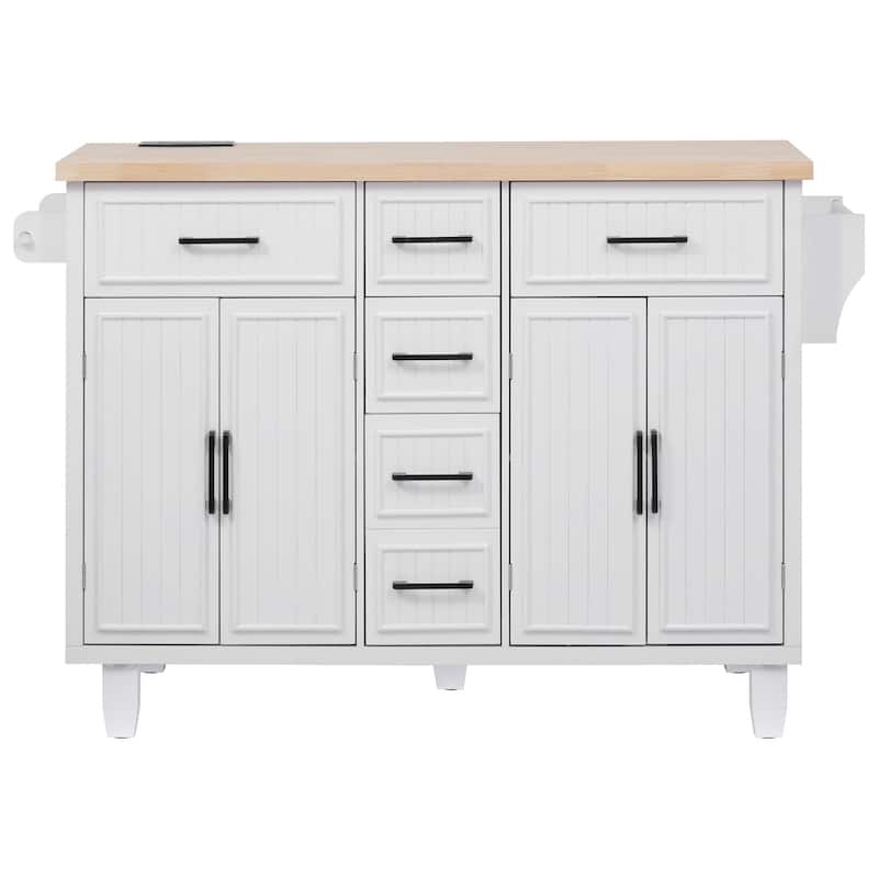 Rolling Kitchen Island with Drop Leaf & Power Outlet, Mobile Kitchen Cart on Wheels, Coffee Bar Cabinet with 4 Doors & 5 Drawers
