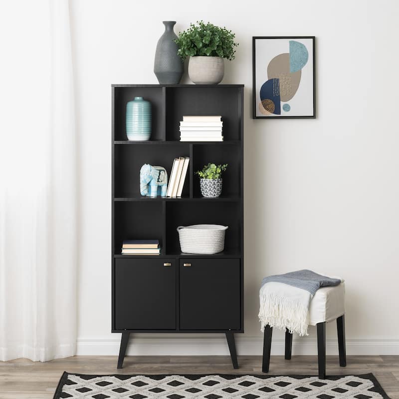 Prepac Milo Mid-Century Modern Bookcase with Six Shelves and Two Doors - 29 in. W x 62.25 in. H x 12 in. D