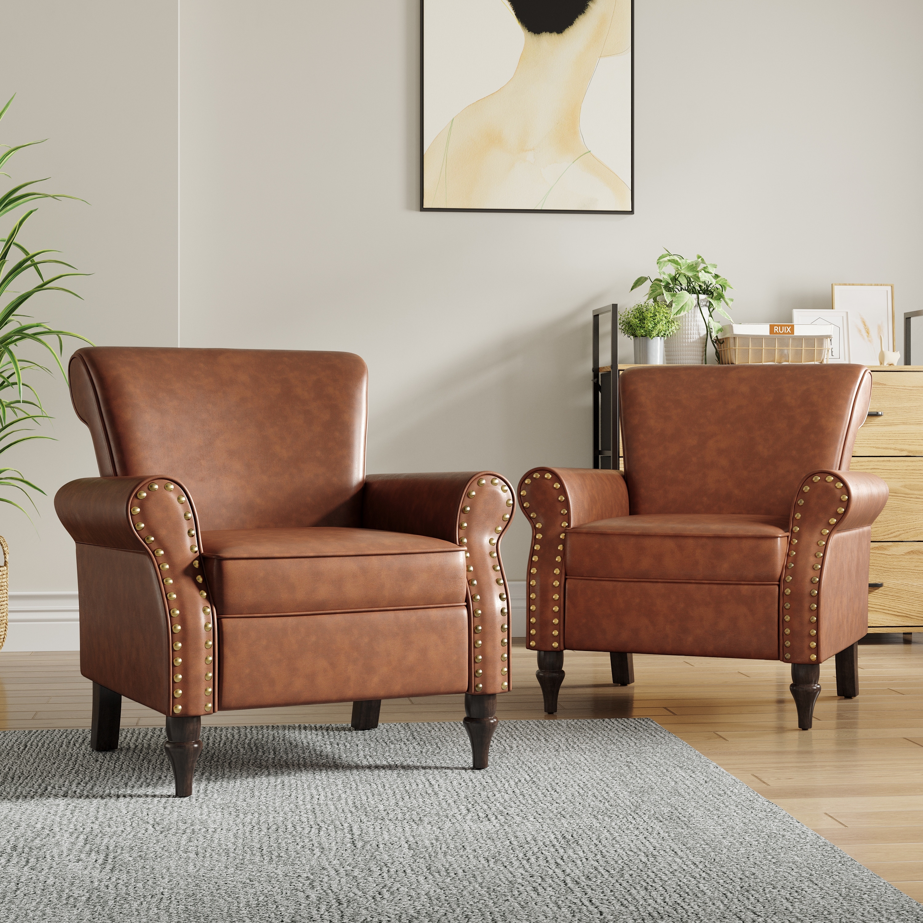 2 Set Nailheads Accent Chair Faux Leather Armchair - Overstock