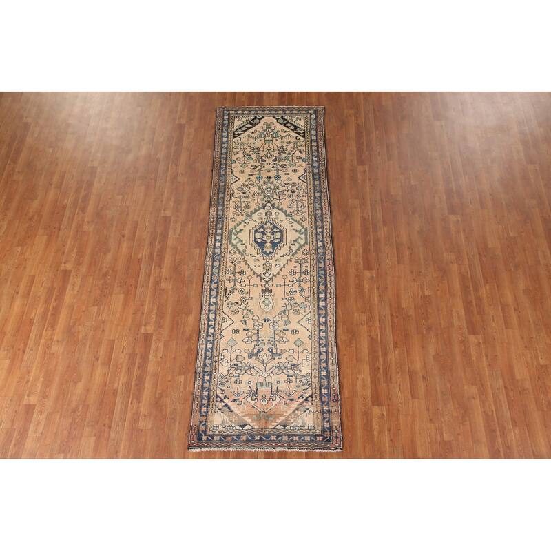 Hand Knotted Oriental 100% Wool Carpet Traditional Floral Peach Hamedan Runner Rug - 9' 7'' X 3' 1''