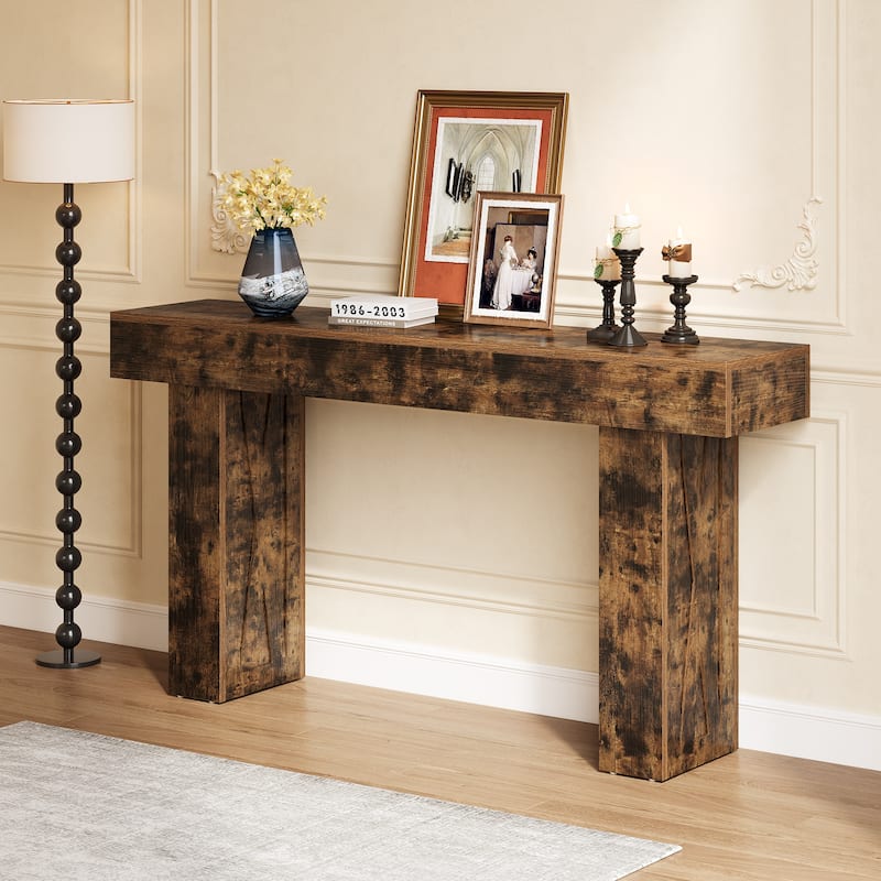 63-Inch Wood Narrow Console Sofa Table with Pedestal for Entryway - Rustic Brown