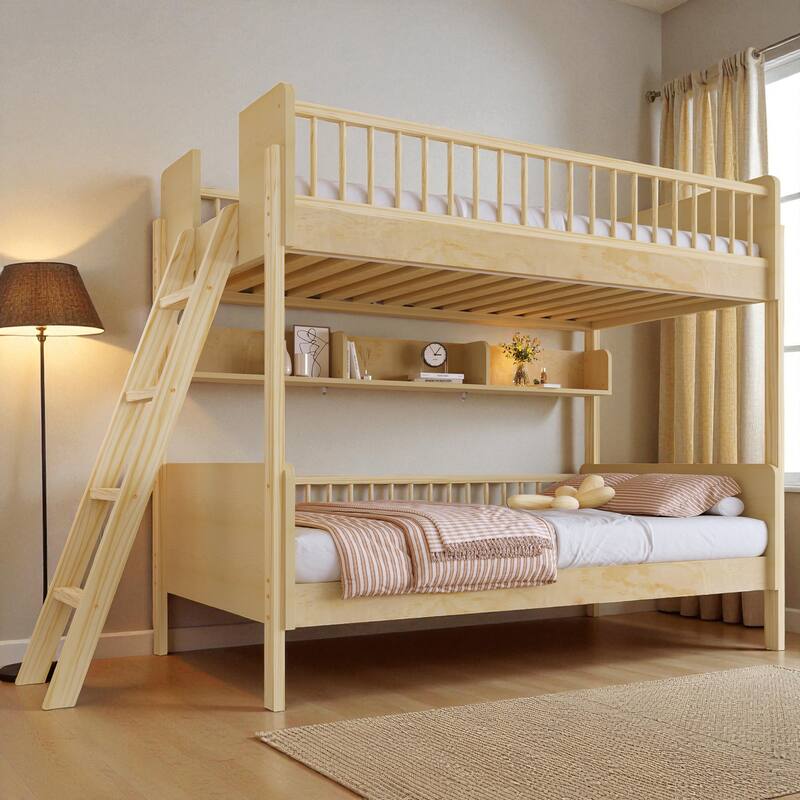 Twin over Twin Wooden Bunk Bed with 3 Storage Shelves, Reversible Ladder, Safety Guardrails and No Box Spring Needed