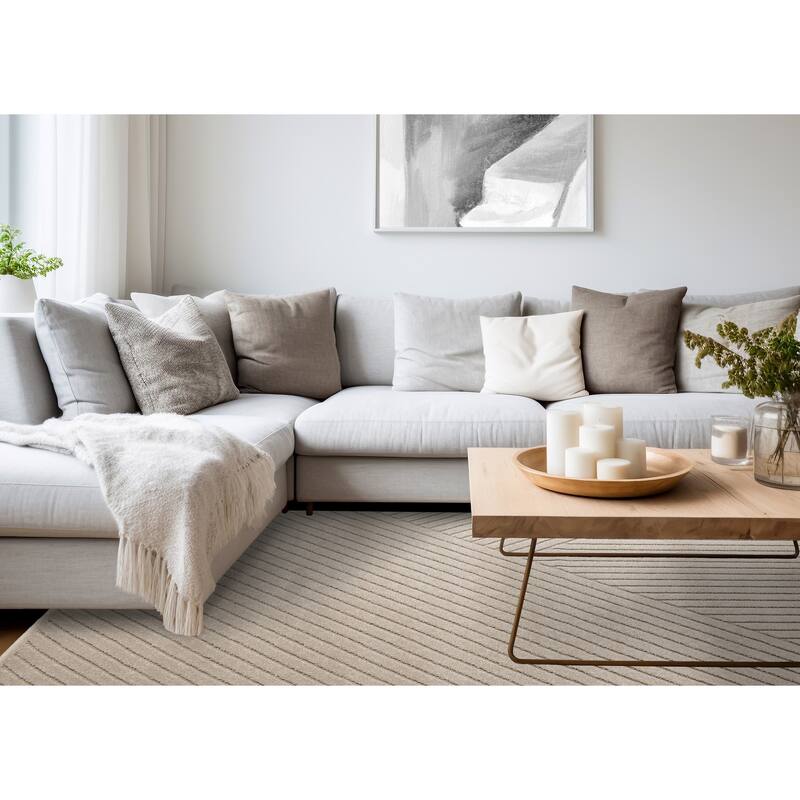 Modern Carved Lines Textured Area Rug in Beige