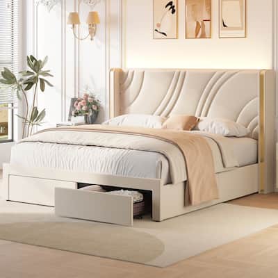 Queen Size Modern Upholstered LED Bed Frame