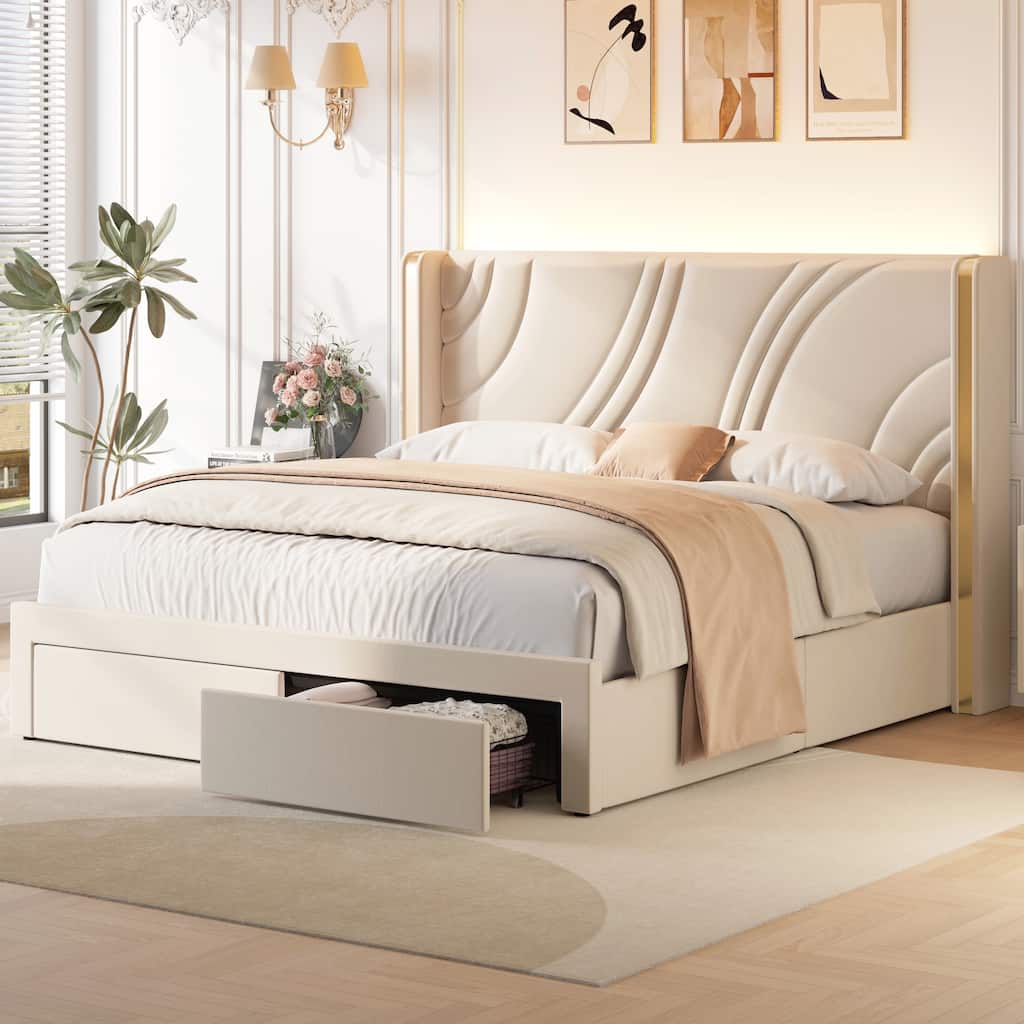 Queen Size Modern Upholstered LED Bed Frame