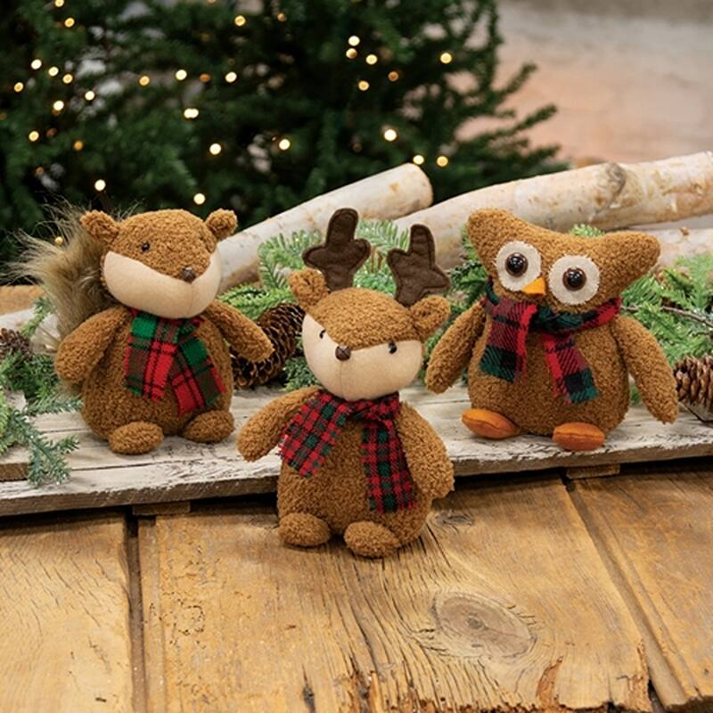 Stuffed Squirrel Sitter with Plaid Scarf Christmas Decoration - 4" x 3" x 6"