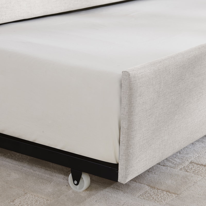 Full Size Daybed with Trundle Upholstered Sofa Bed, with Vertical Stripes, Linen Fabric, Beige (82.5"x58"x30")