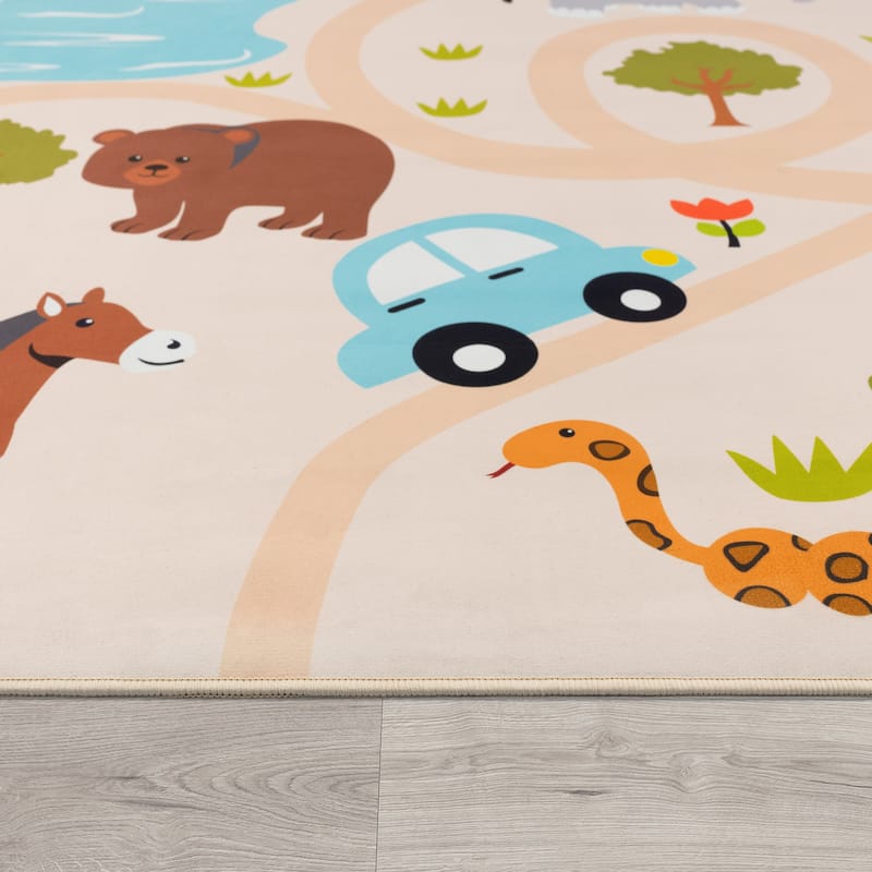 Kids Rug Wild Animals Play Mat in Beige Multicolor