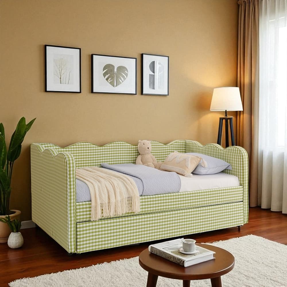 Twin Size Gingham Daybed with Trundle, USB Port, Wave Design, No Box Spring Needed, Linen Upholstered Sofa Bed