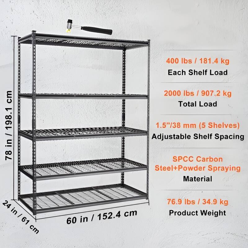 5 Tier Heavy Duty Garage Shelving Unit, Adjustable Metal Rack