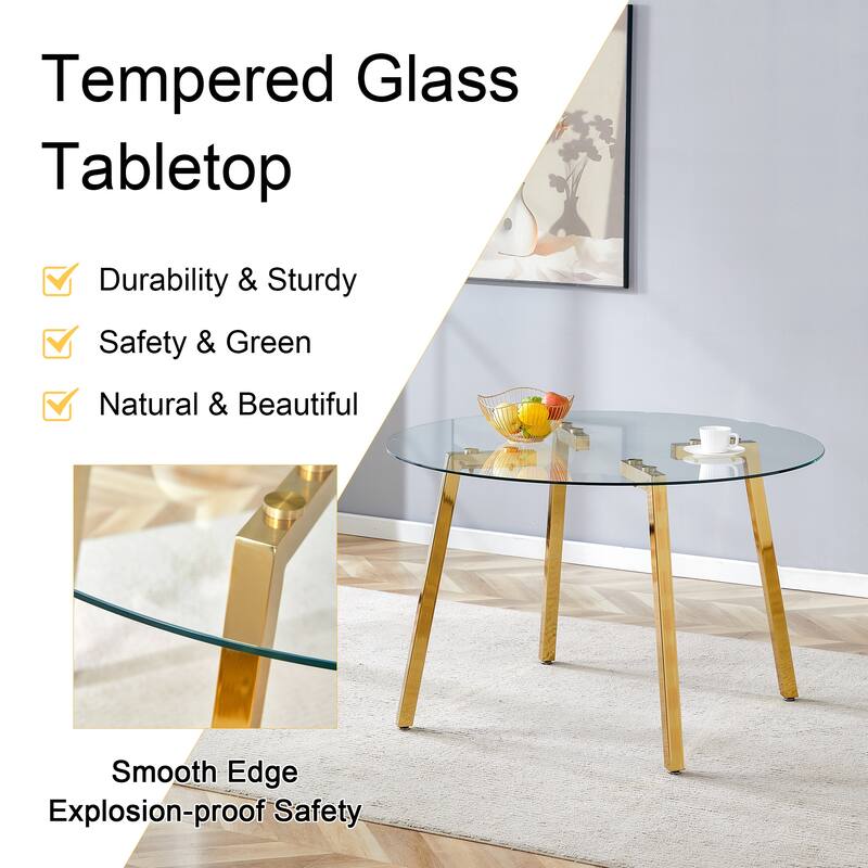Roomfitters Round Glass Dining Table with Gold 7-Shaped Metal Legs for Dining, Office or Coffee Space, Gold