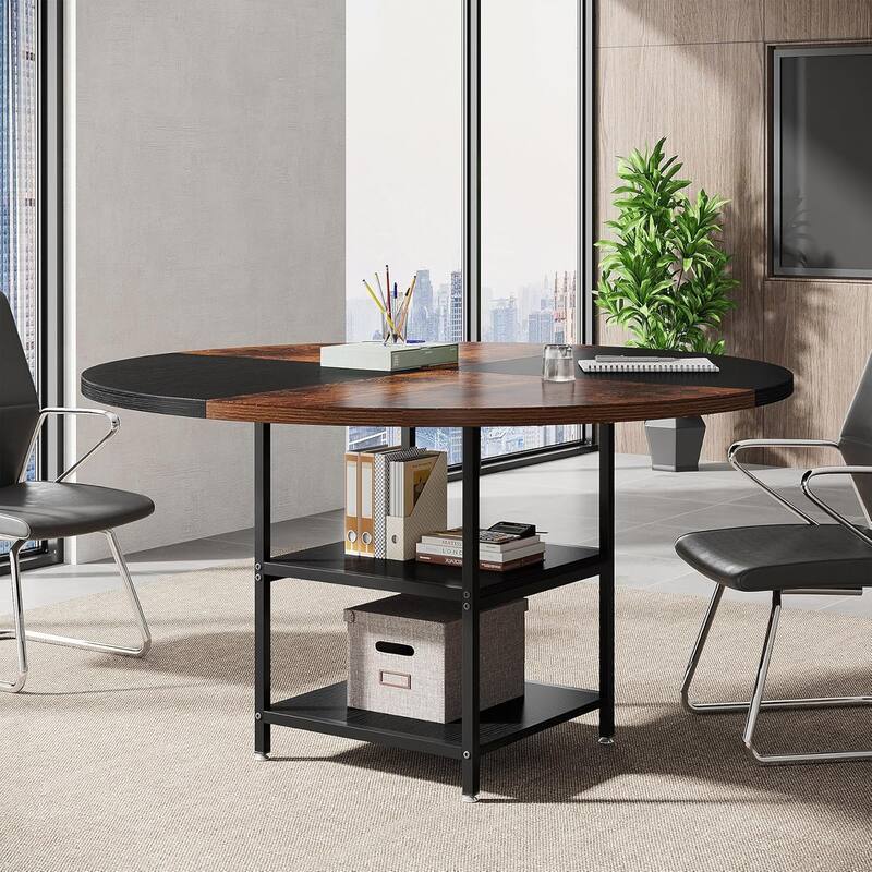 47-Inch Round Wood Conference Table with Storage Shelf Office Training Desk for Conference/Seminar Room