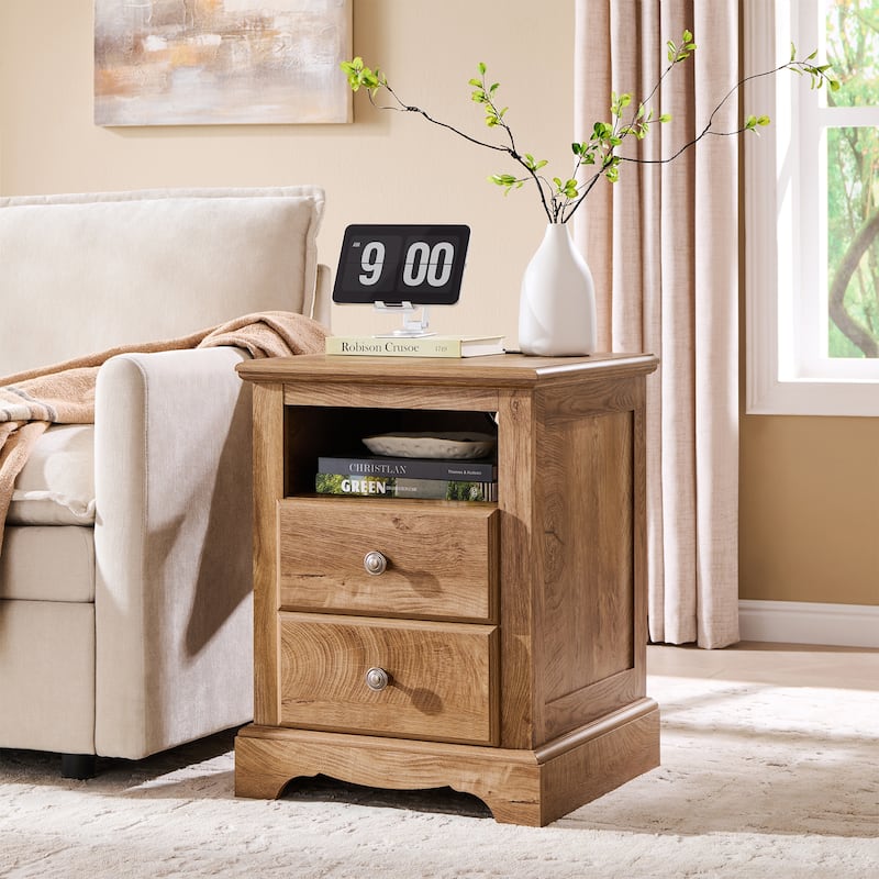 Vintage Wood Nightstand with Charging Station, End Table, Side Table