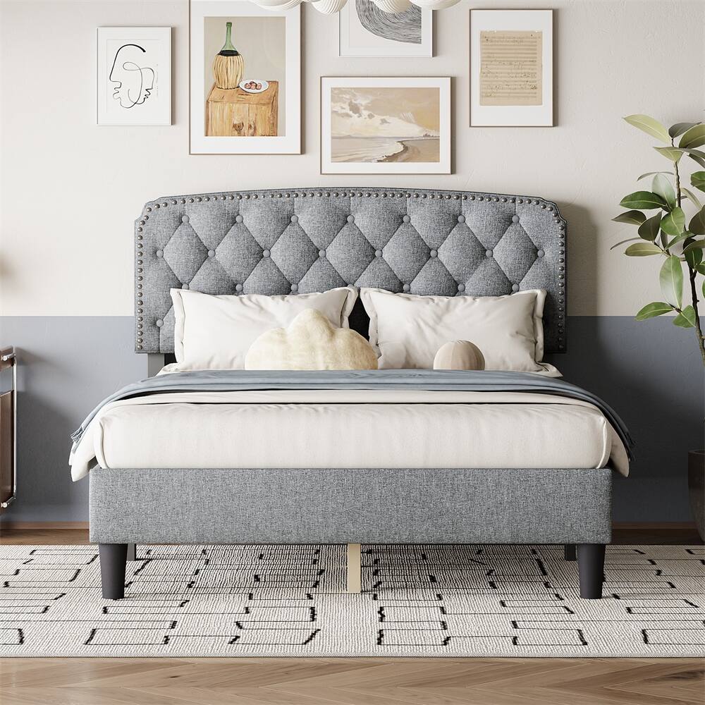 Queen Size Adjustable Headboard Bed Frame with Fine Linen Upholstery