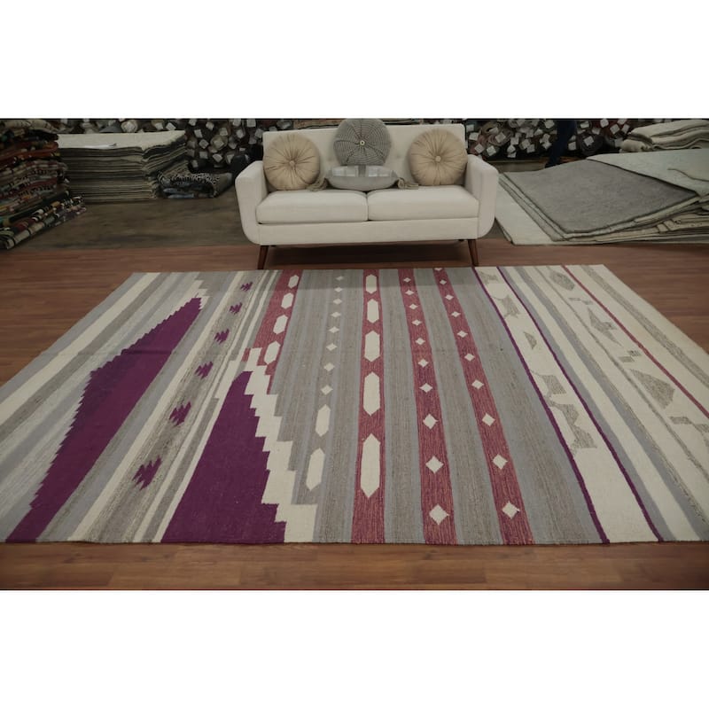Hand Woven Oriental 100% Wool Carpet Southwestern Tribal Greys & Charcoal Kilim Area Rug - 10' 3'' X 8' 3''