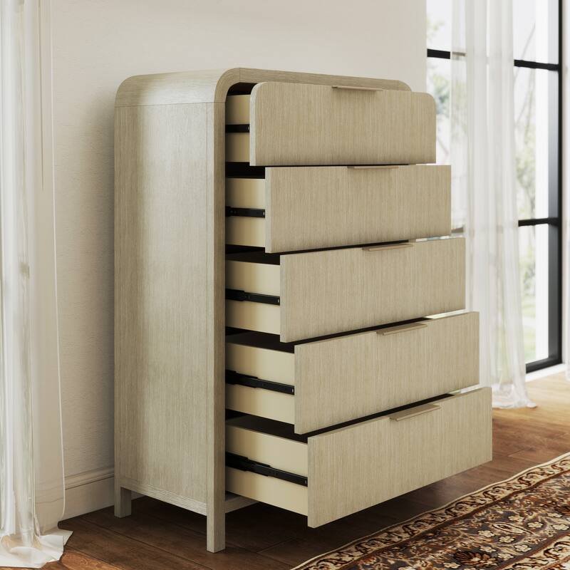 Roundhill Furniture Tavari 6-Piece Bedroom Set with Panel Bed, Dresser, Mirror, Two Nightstands, and Chest in Light Gray
