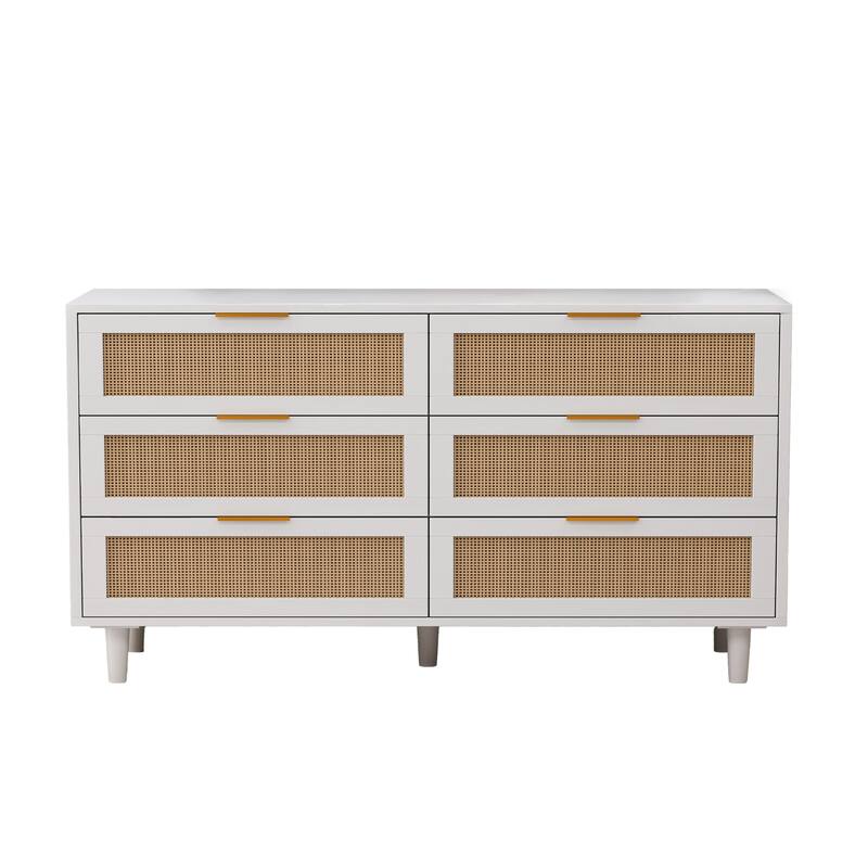 White Rattan Dresser with 6 Drawers Modern Particle Board Storage Chest for Bedroom Living Room Hallway Organization
